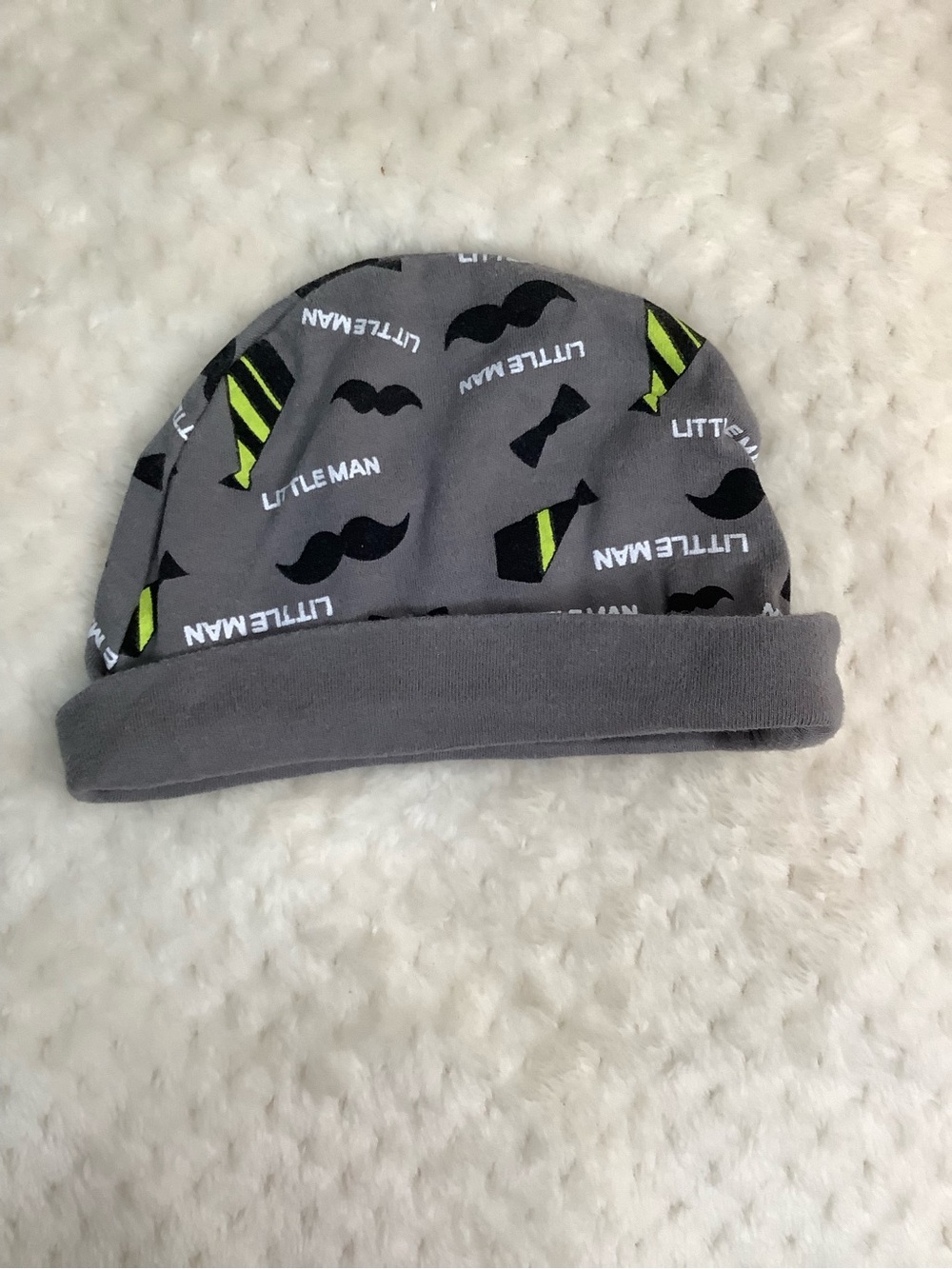 Grey Baby Beanie Hat with Lime Accents and 'Little Man' Print